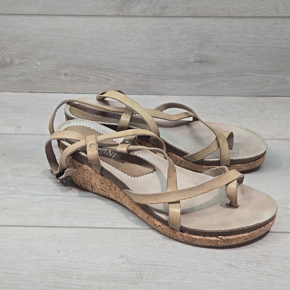 Cordani Calzature Women Loop Toe Leather Cork Wedge Sz 8.5 Sandals